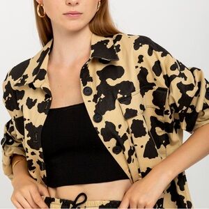 Le Lis Tan and Black COW PRINT Sherpa Jacket